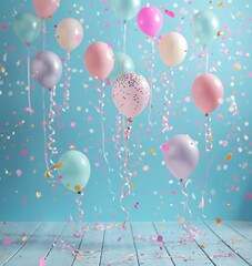 Pastel Balloon Backdrop with Confetti and Streamers for a Festive Cake Smash Photo Shoot