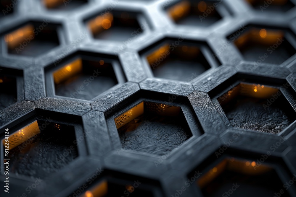 Poster intricate hexagonal pattern with a glowing effect, presenting a futuristic and technological visual