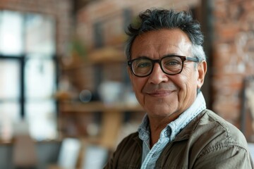 Fototapeta premium Distinguished gentleman with eyeglasses poses confidently in a stylish home office environment