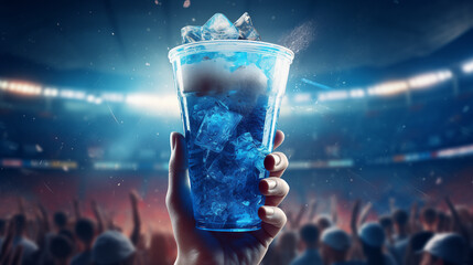 Cocktail with ice in hand in front of a large stadium and people at a concert.