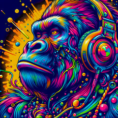 Digital art vibrant colorful cool gorilla wearing headphones vibin to music