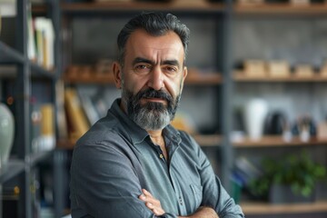 Obraz premium Portrait of a confident, bearded mature man with crossed arms in an office setting