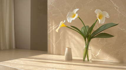 A vase with two white flowers sits on a table - obrazy, fototapety, plakaty