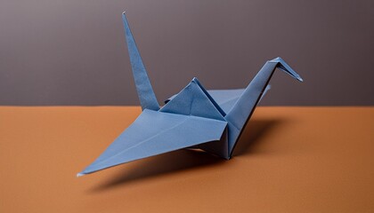 origami bird in blue copy space on an orange background folded paper bird in modern style generative ai