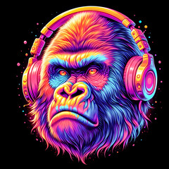 Digital art vibrant colorful cool gorilla wearing headphones vibin to music - obrazy, fototapety, plakaty