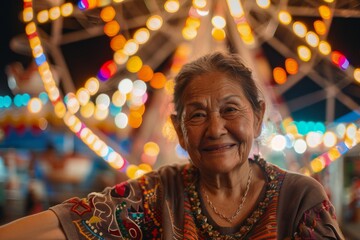 An elderly woman with a heartfelt smile enjoys the ambiance of a night carnival with lights