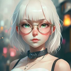 Picture of a young woman with white hair, albino skin, and smooth, white skin. Beautiful face like a doll, wears glasses, fit body, natural makeup. Dress in a cute style - obrazy, fototapety, plakaty