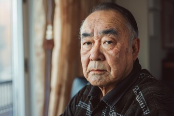 Obraz premium An elderly Asian man appears contemplative against a natural light setting, conveying deep emotion and thoughtfulness