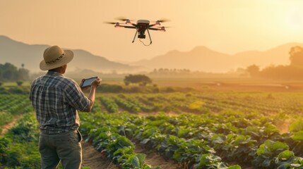 Farmer standing at vegetable garden sunset and using drone to inspect crop. Smart agricultural people or researcher checking his crop while standing at farm. Agriculture sustainable concept. AIG42.