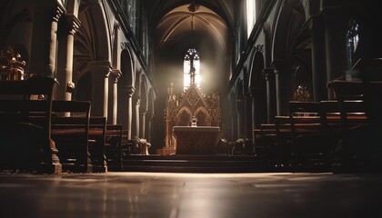 altar in a dark gloomy catholic cathedral surrounded by shadows casting an eerie and somber atmosphere