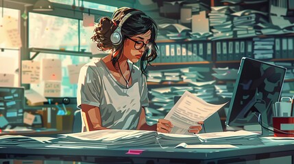 Focused young woman working diligently in a cluttered office, surrounded by papers and digital screens
 - obrazy, fototapety, plakaty
