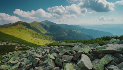 mountain landscape with stones and rocks nature scenery of carpathian alpine highlands grassy...