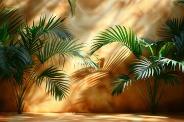 The image showcases a sunny wall texture with the shadows of tropical palm leaves providing a serene aesthetic