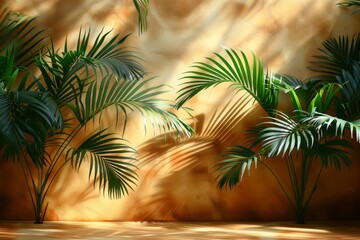 Obraz premium The image showcases a sunny wall texture with the shadows of tropical palm leaves providing a serene aesthetic
