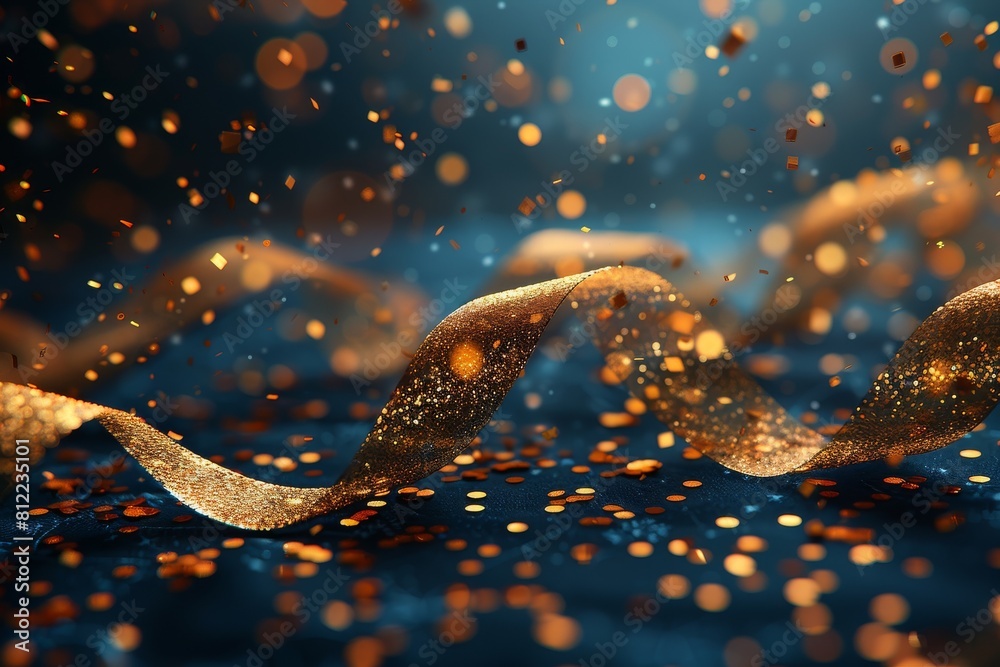 Poster an image displaying a luxurious golden wave of particles floating above a dark background
