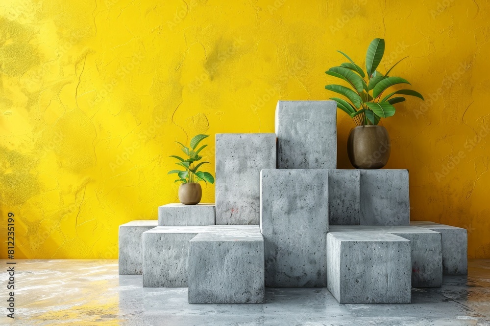 Poster several concrete blocks of different sizes forming a staircase pattern on yellow textured background