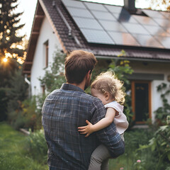 Father with his little daughter catching sun at solar panel,charging at their backyard. Alternative energy, saving resources and sustainable lifestyle concept