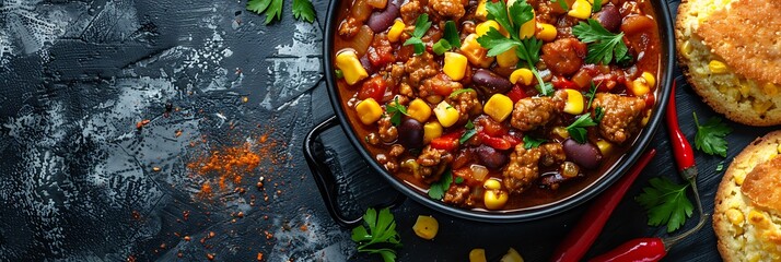 Chili con carne with cornbread, top view horizontal food banner with copy space