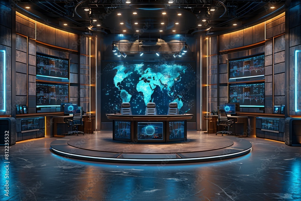 Poster A high-tech command center with futuristic consoles and a large global map display dominates the room