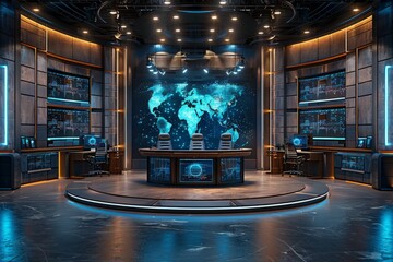 A high-tech command center with futuristic consoles and a large global map display dominates the room