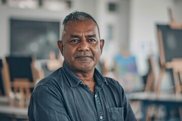 Obraz premium A serious looking man in a black shirt standing in an art workshop with blurred background