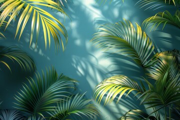 Refreshing tropical palm fronds overlap against a serene blue background, bathed in golden sunlight for a calming aesthetic