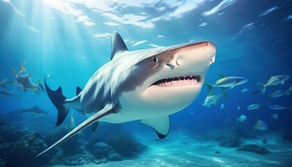 Fototapeta premium The great White Shark in the ocean, portrait of White shark hunting prey in the underwater