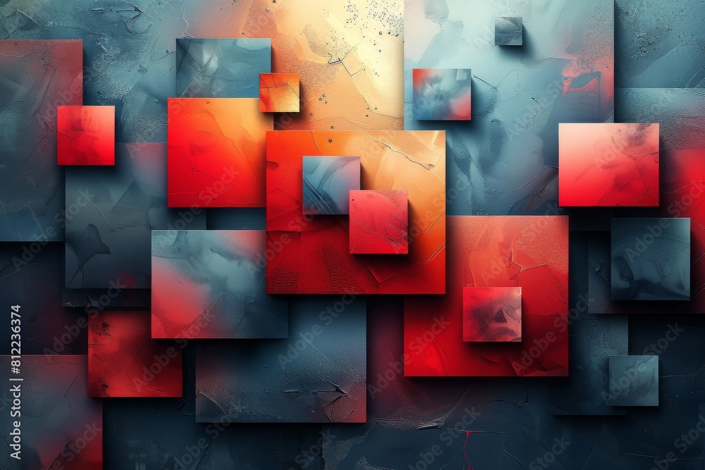Poster artistic image showcasing a collection of red and blue textured squares in varying sizes, creatively