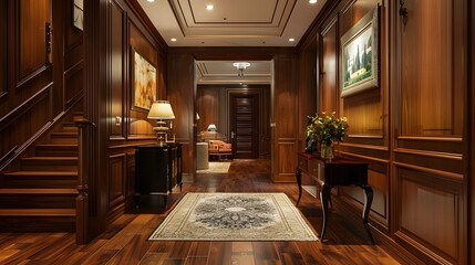 Transport yourself to a wooden entrance hallway characterized by modern sophistication. HD realism highlights the curated furniture arrangement, creating a space of visual harmony.