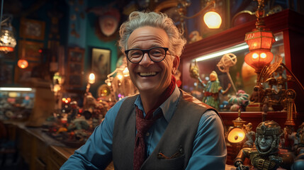 Fototapeta premium A positive portrait of a stylish toy salesman in his shop.