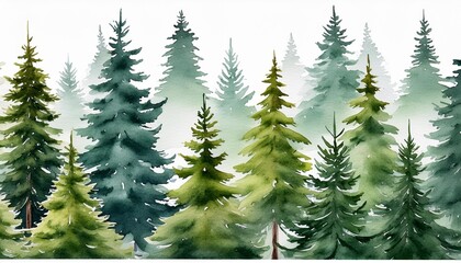 watercolor forest tree illustration woodland pine trees green forest landscape holiday card poster print transparent background new year generative ai