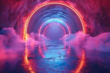 This image features a neon-lit circular tunnel with reflective water, creating a surreal and sci-fi ambiance
