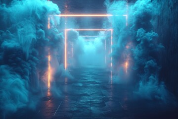 A captivating image showcasing a corridor with glowing neon lights surrounded by dense, blue-tinted smoke creating an otherworldly atmosphere