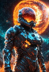 Fototapeta premium An alien astronaut wearing a fiery helmet in a futuristic world..