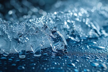 This close-up captures the delicate details of water beads and melting ice with a cool blue hue