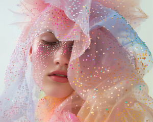 Close Up Portrait of A Woman Wearing Pastel Tulle Layer Cape Veil with Confetti, Glittering Face Makeup, Fashion Editorial Photography on White Background, Minimal Stylish White Caucasian Model.