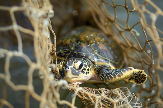 Baby turtle entangled in a fishing net