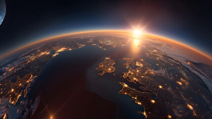 Witness the stunning interplay between sunlight and city lights as night falls on our planet, casting a spellbinding aura across continents