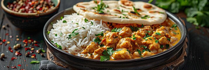 Coconut curry chicken with jasmine rice and naan bread, fresh food banner, top view with copy space