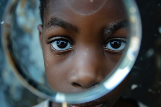 Determined Black boy looking magnifier. Education experiment. Generate Ai