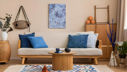 Creative composition of cozy living room interior with mock up poster frame, modular sofa, blue pillows, wooden coffee table, patterned rug, beige wall and personal accessories. Home decor. Template.