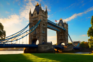 London, UK: The iconic Tower Bridge at first light, surrounded by greenery, trees, blue skies, and...