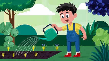 An animated character is watering the plants in his garden.
