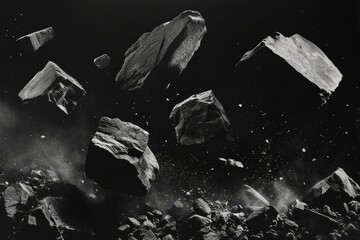 Dark Black charcoal falling rocks. Fire wooden air. Generate Ai