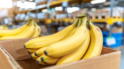 Ripe organic bananas in wooden crates at warehouse with copy space, blurred background