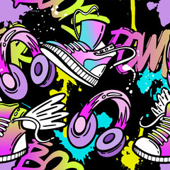 Cool seamless pattern with cool monsters, graffiti on black background. Print for teen girl