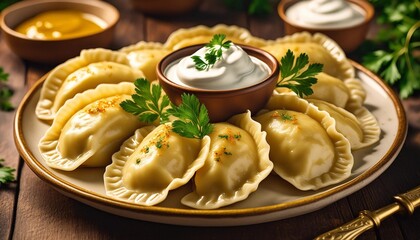 golden pierogi dumplings on plate with sour cream and parsley