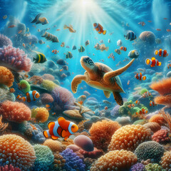 Fototapeta na wymiar coral reef in the sea An underwater scene teeming with colorful coral, busy clownfish, and a gentle sea turtle floating 