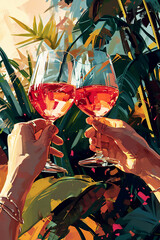 Two hands holding flutes of rose champagne against tropical leaves in a vintage style.