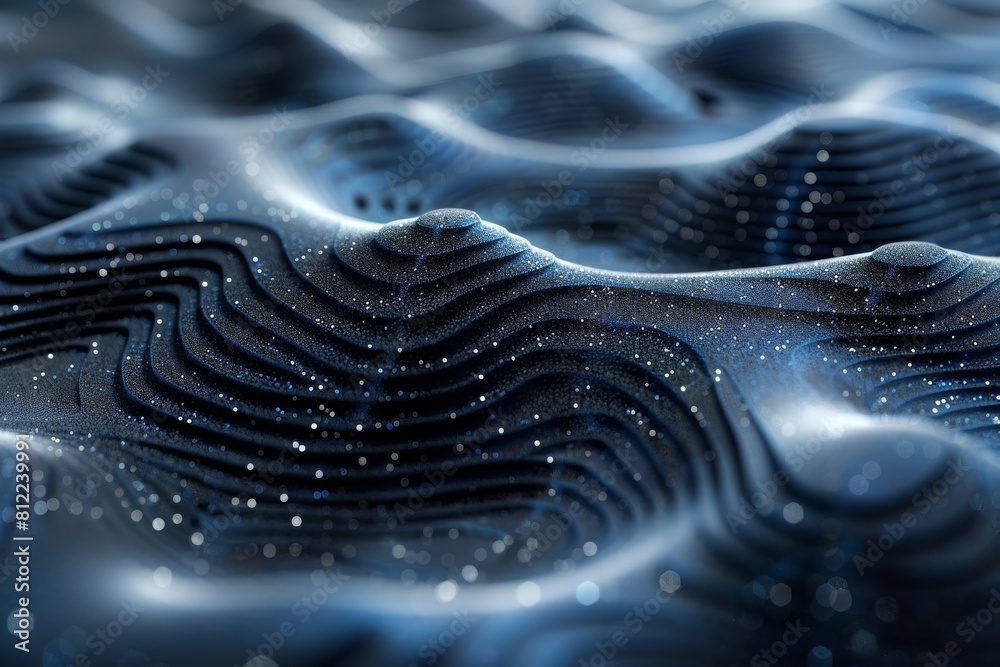 Poster a complex 3d rendered image showcasing an intricate wave pattern in black and blue with a tactile te
